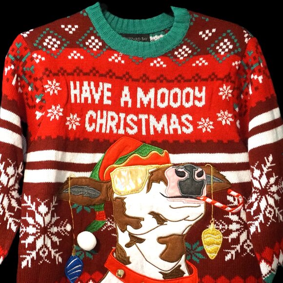 Blizzard Bay Red and Green Christmas Sweater Cow with Gold Sunglasses Men’s Smal - Picture 3 of 7